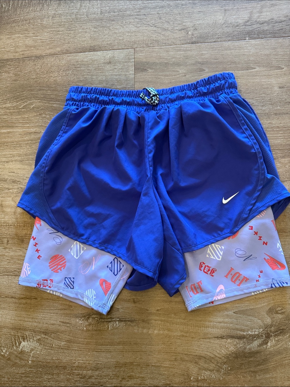 Nike Dri-Fit Girls' Blue Layered Athletic Shorts with Printed Inner Line Large